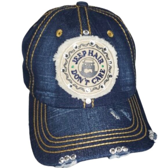 Jeep Hair Don't Care Denim Distressed Fitted Baseball Cap with Swarovski Crystal - Picture 3 of 5